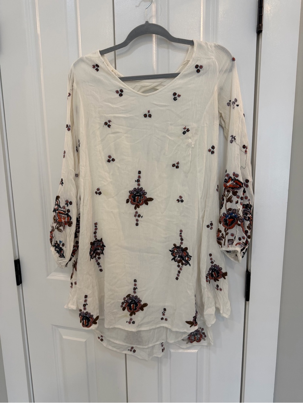 Free People Cream Tunic with Floral Embroidery in Rust and Navy
